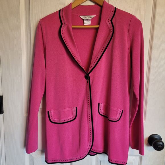 Exclusively Misook Cardigan XS Pink Sweater Knit Blazer Black Trim One Button - Picture 1 of 13